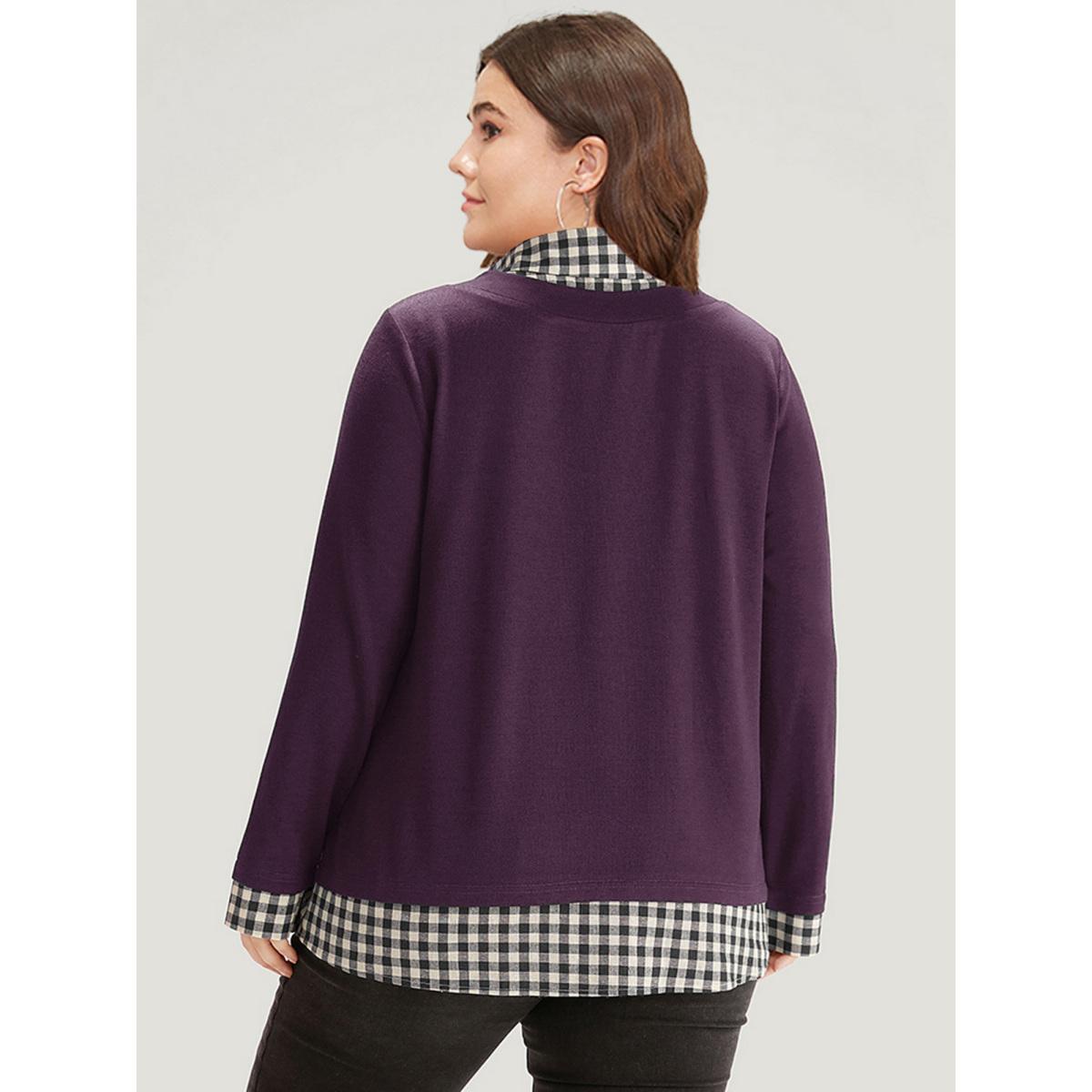 Plus Size Gingham Patchwork Shirt Collar Arc Hem Sweatshirt Women Blue Leisure Patchwork V-neck Casual Sweatshirts BloomChic 14-16/1X Product Image