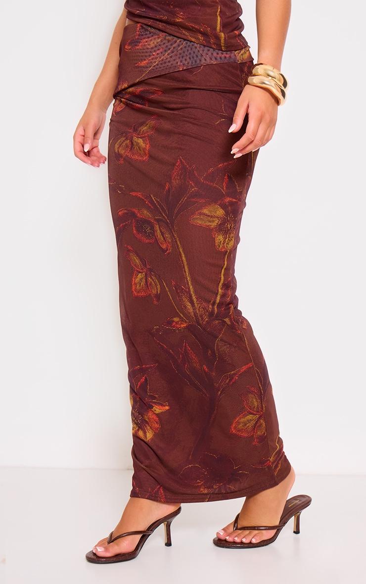Brown Floral Print Low Rise Maxi Skirt Product Image