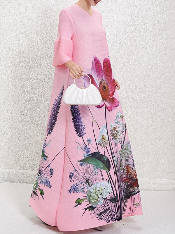 A-Line Flared Sleeves Flower Print Pleated V-Neck Maxi Dresses Product Image