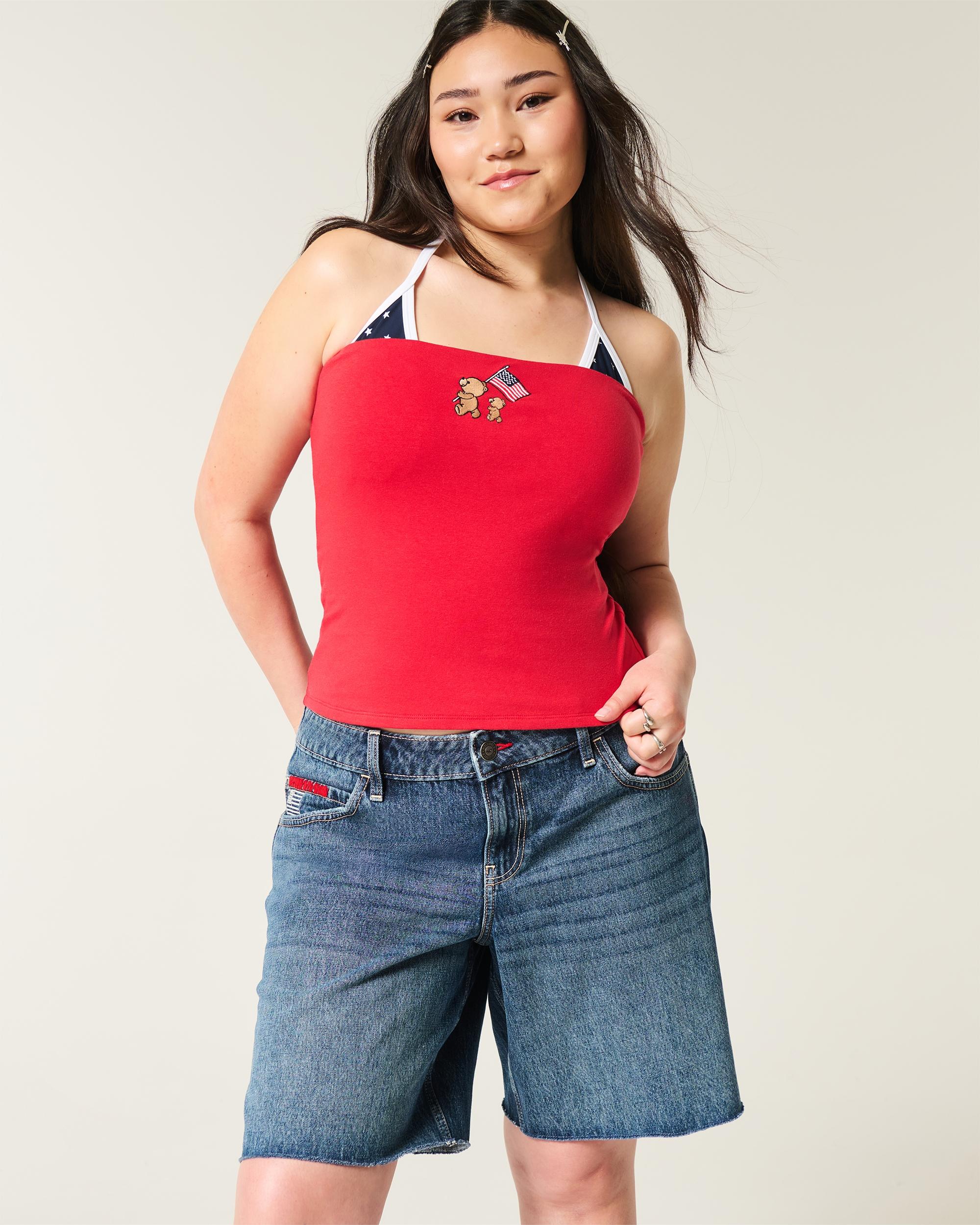 Low-Rise Medium Wash Number Graphic Baggy Jort Product Image