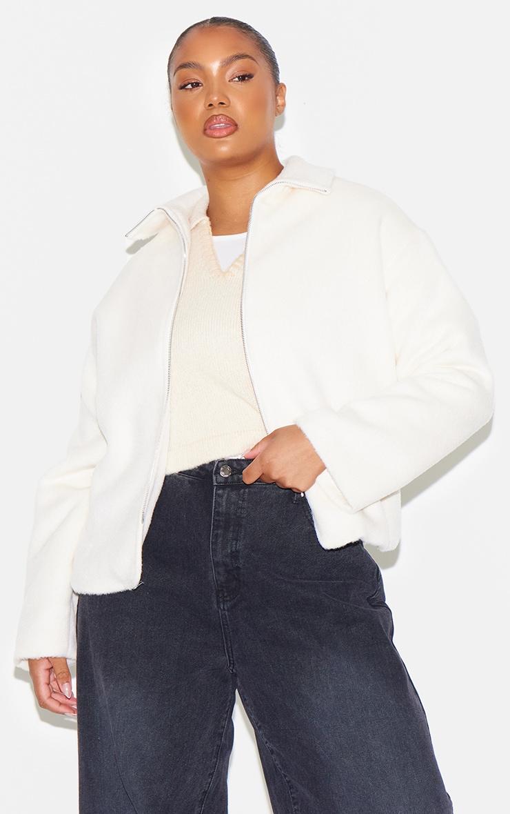 Plus Cream Wool Look Wide Collar Zip Up Jacket Product Image