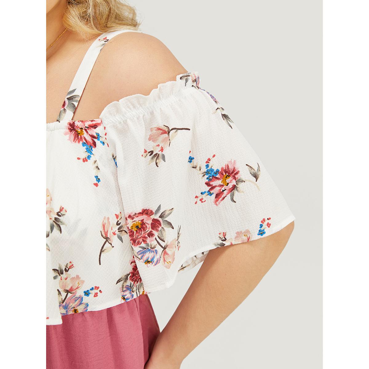Plus Size DustyPink Floral Patchwork Pocket Ruffle Trim Cold Shoulder Jumpsuit Women Elegant Short sleeve Cold Shoulder Dailywear Loose Jumpsuits BloomChic 30/6X Product Image