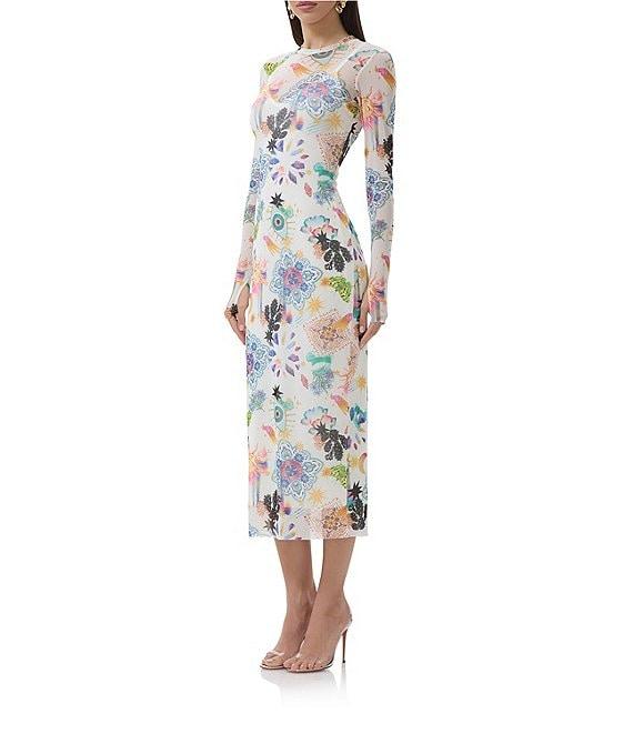 AFRM Ashland Floral Printed Mesh Crew Neck Long Sleeve Sheath Midi Dress Product Image