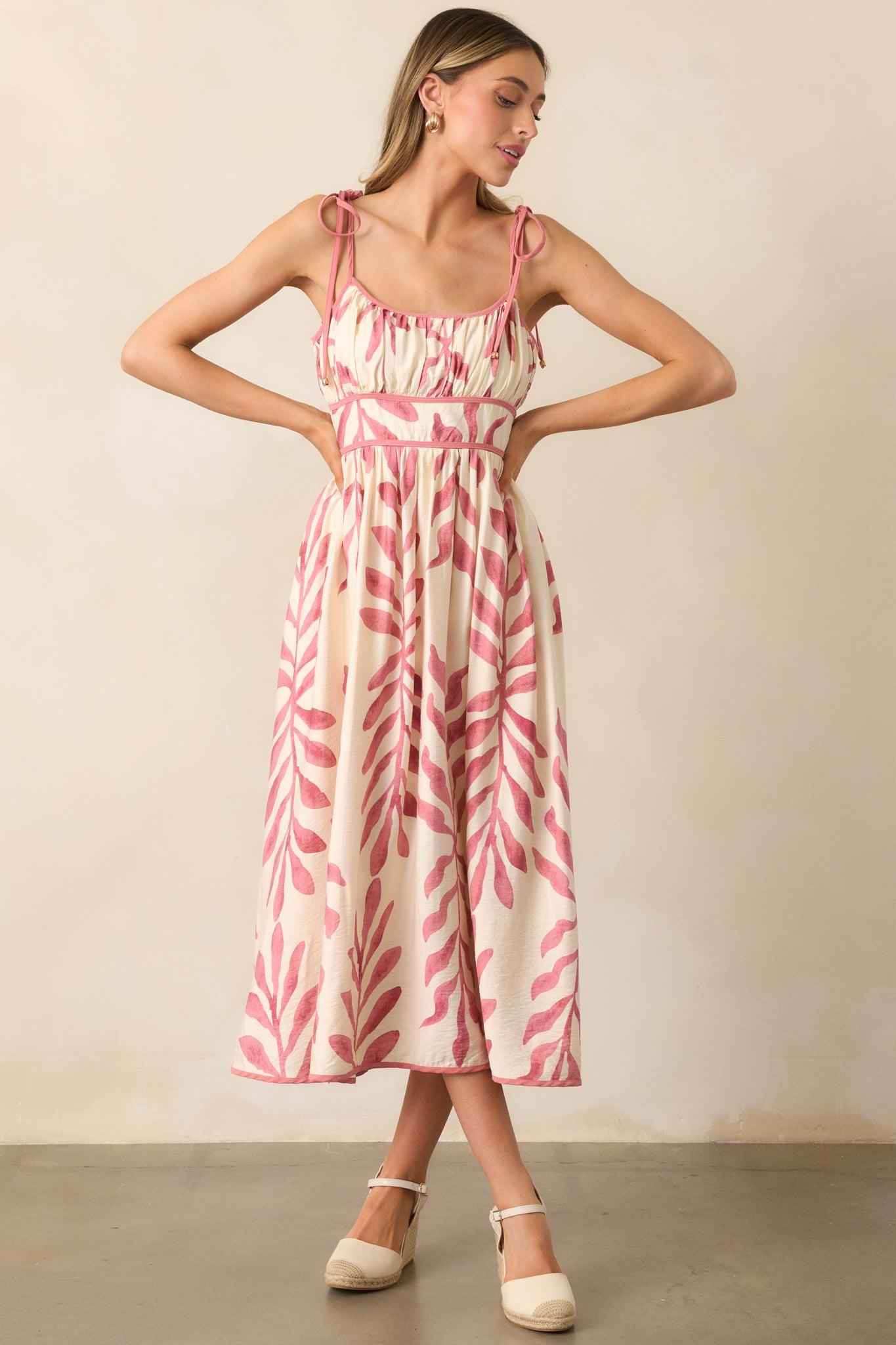 Peaceful Palms Pink Tropical Print Midi Dress Product Image