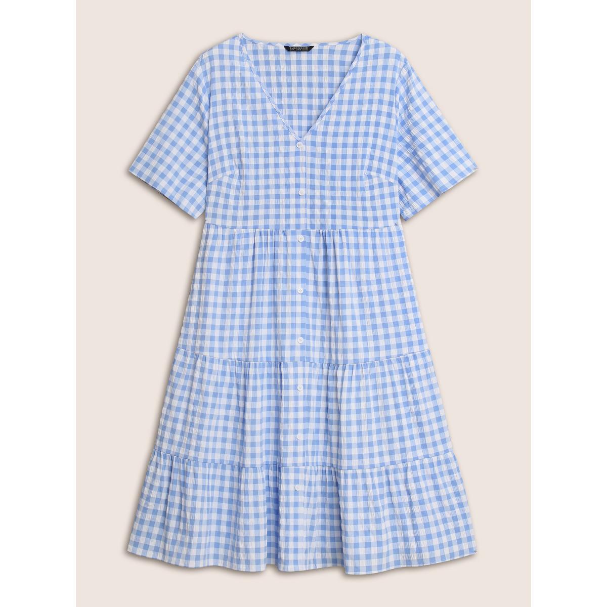 Plus Size Gingham Button Detail Ruffle Layered Hem Dress LightBlue Women Casual Button V-neck Short sleeve Curvy BloomChic 30/6X Product Image