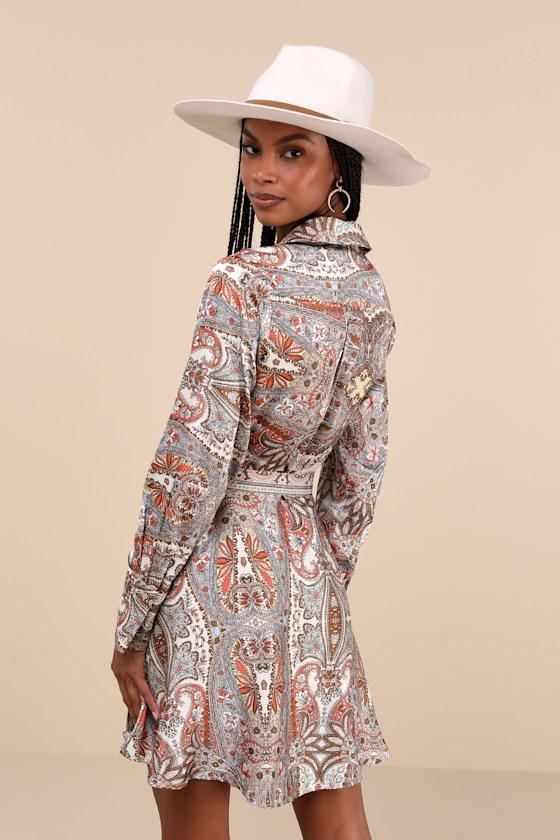 Playful Charisma Ivory Multi Print Long Sleeve Wrap Mini Dress Product Image