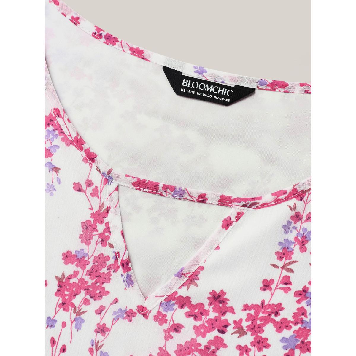 Plus Size WhiteSmoke Floral Neck Cut-Out Flutter Sleeve Shirt Women Elegant Short sleeve Round Neck Everyday Blouses BloomChic 10/M Product Image