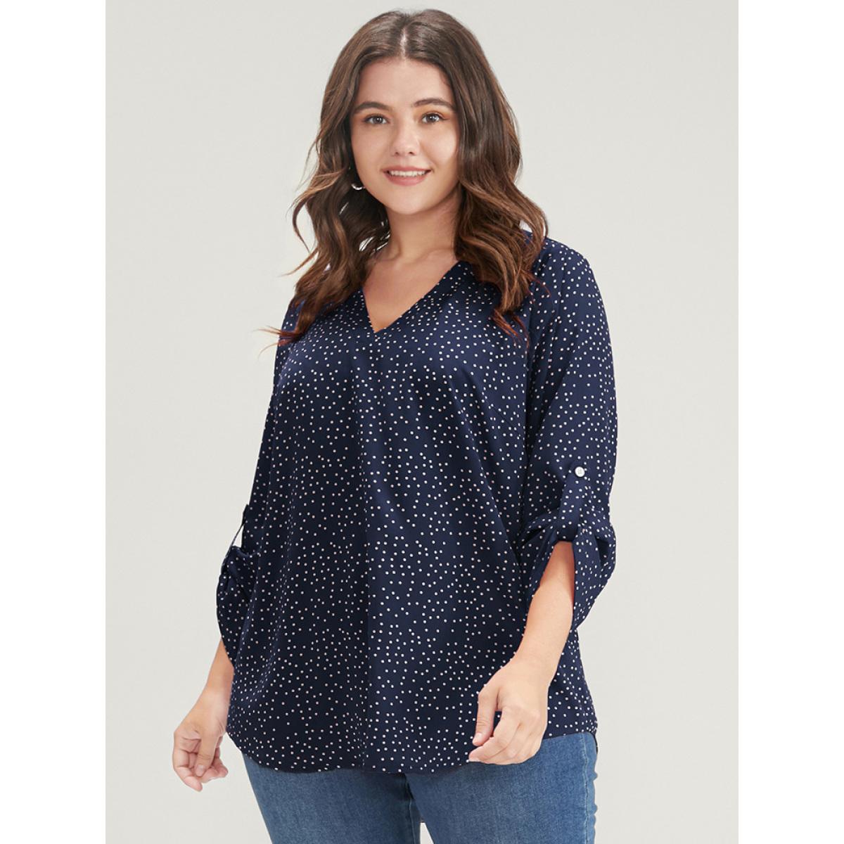 Plus Size DarkBlue Polka Dot Roll Sleeve V Neck Blouse Women Elegant Elbow-length sleeve V-neck Dailywear Blouses BloomChic 28/5X Product Image