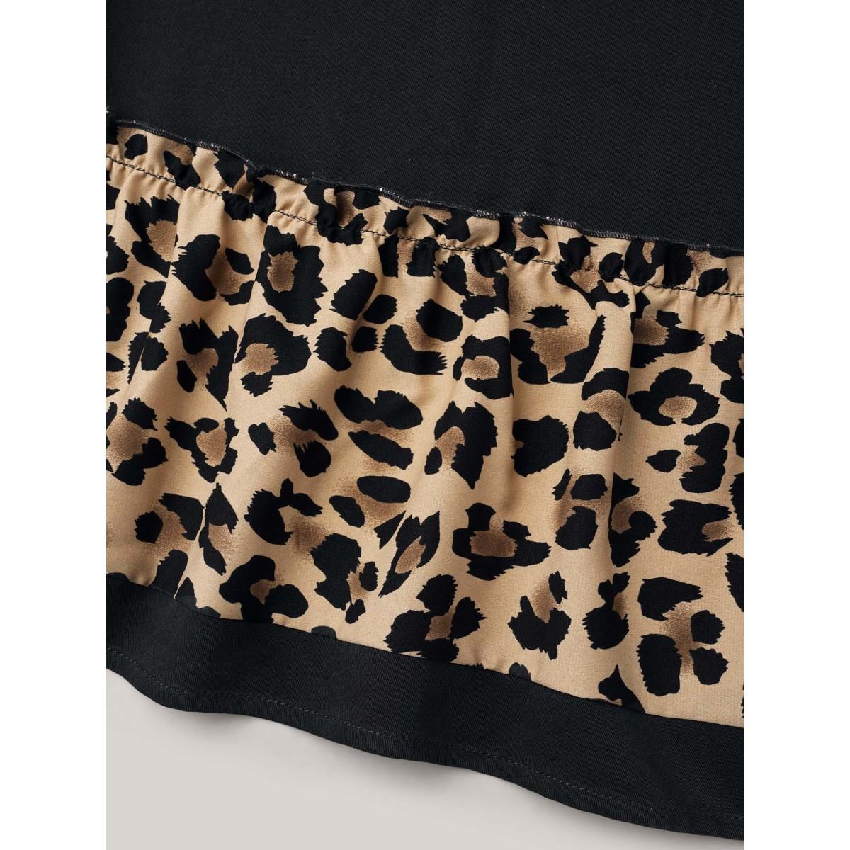 Plus Size Black Leopard Print Patchwork Tiered Blouse Women Casual Elbow-length sleeve Round Neck Everyday Blouses BloomChic 22-24/3X Product Image