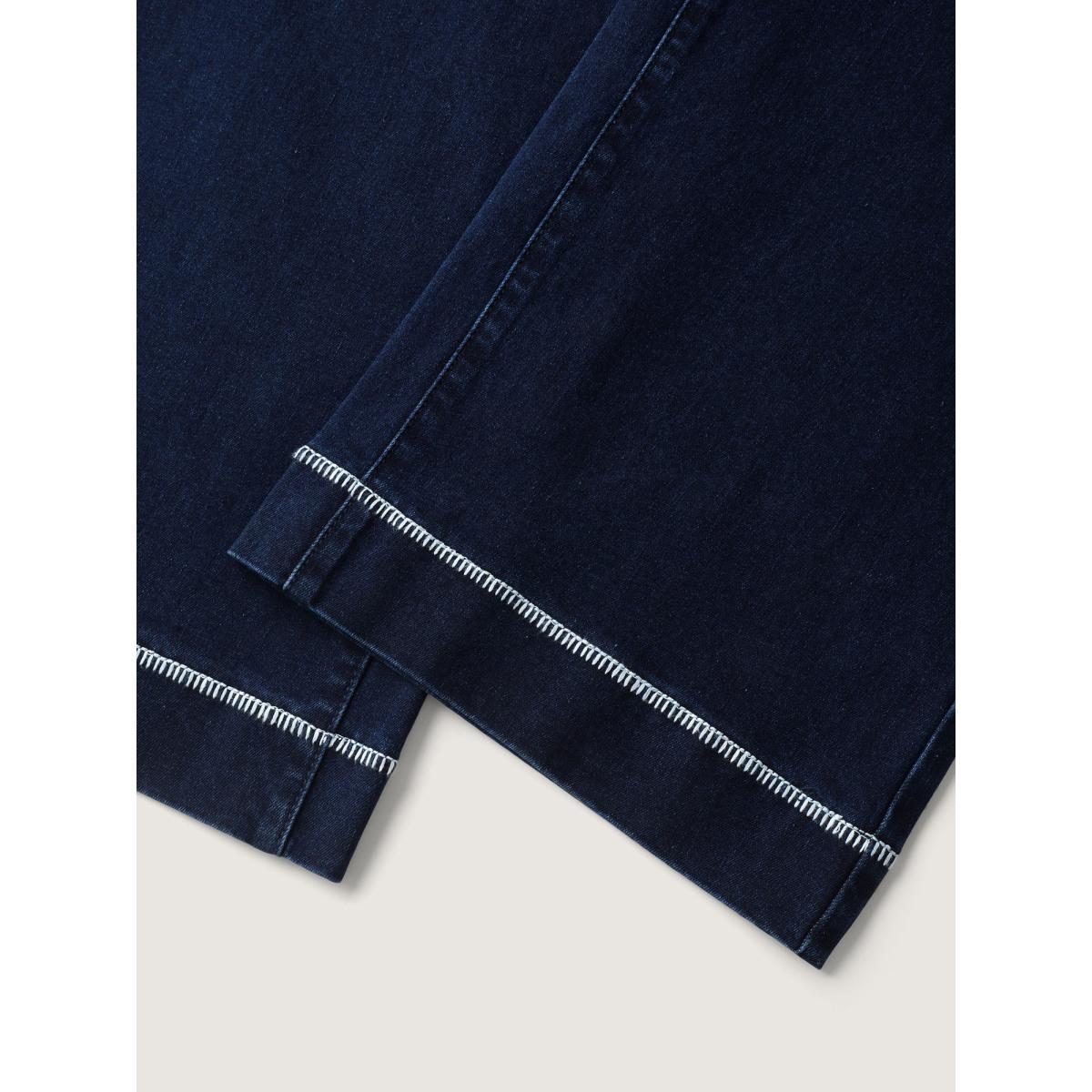 Plus Size Embroidered Front Pockets Straight-Leg Jeans Women Midblue Leisure High stretch Slanted pocket Jeans BloomChic 16/1X Product Image