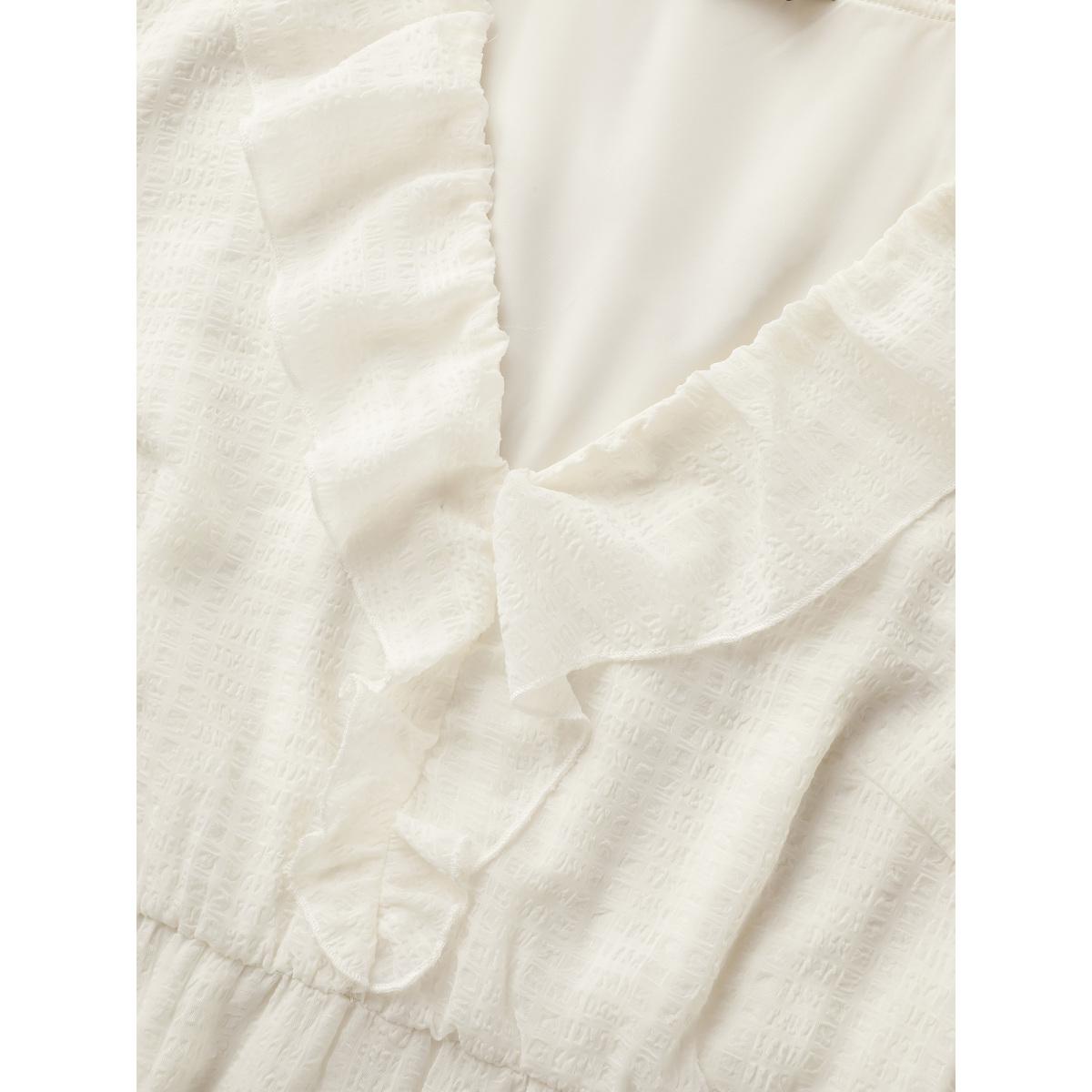 Plus Size Chiffon Lotus Leaf Collar Tiered Midi Dress Ivory Women Resort Texture V-neck Long Sleeve Curvy BloomChic 14-16/1X Product Image