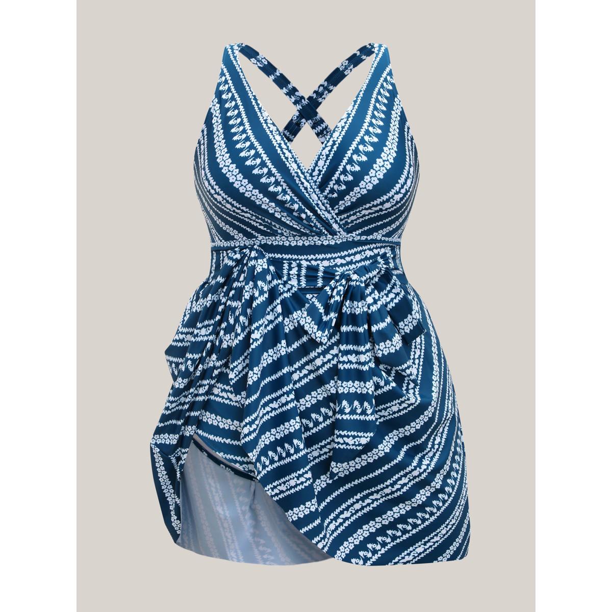 Plus Size Anti-Float Ties Boho Belted Swim Dress Women's Swimwear Aegean Beach Bodycon Overlap Collar High stretch Curve Swim Dresses BloomChic 14-16/1X Product Image