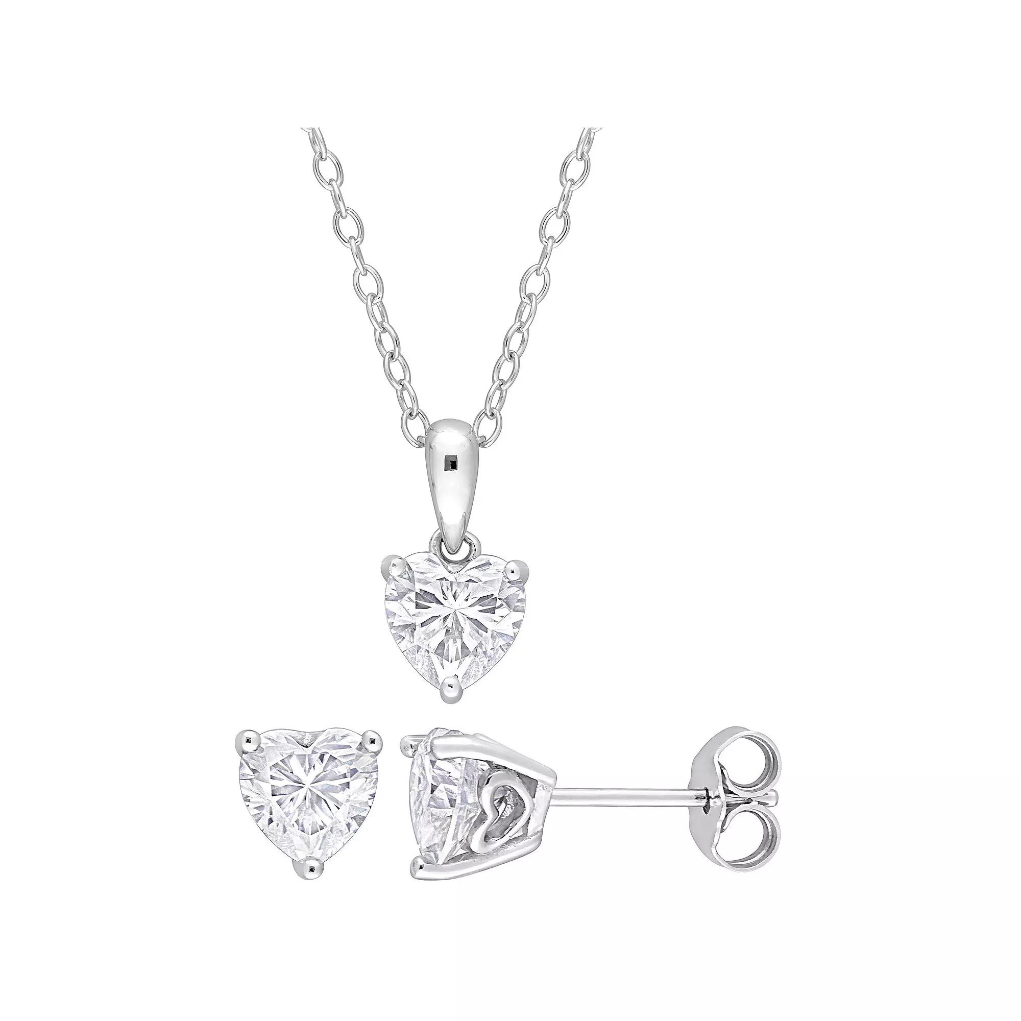 Stella Grace Sterling Silver Lab-Created Moissanite Heart Solitaire Earrings & Pendant Necklace Set, Women's, Size: 18" Product Image