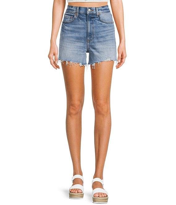 Daze The Knockout Distressed Frayed Hem High Rise Denim Shorts Product Image