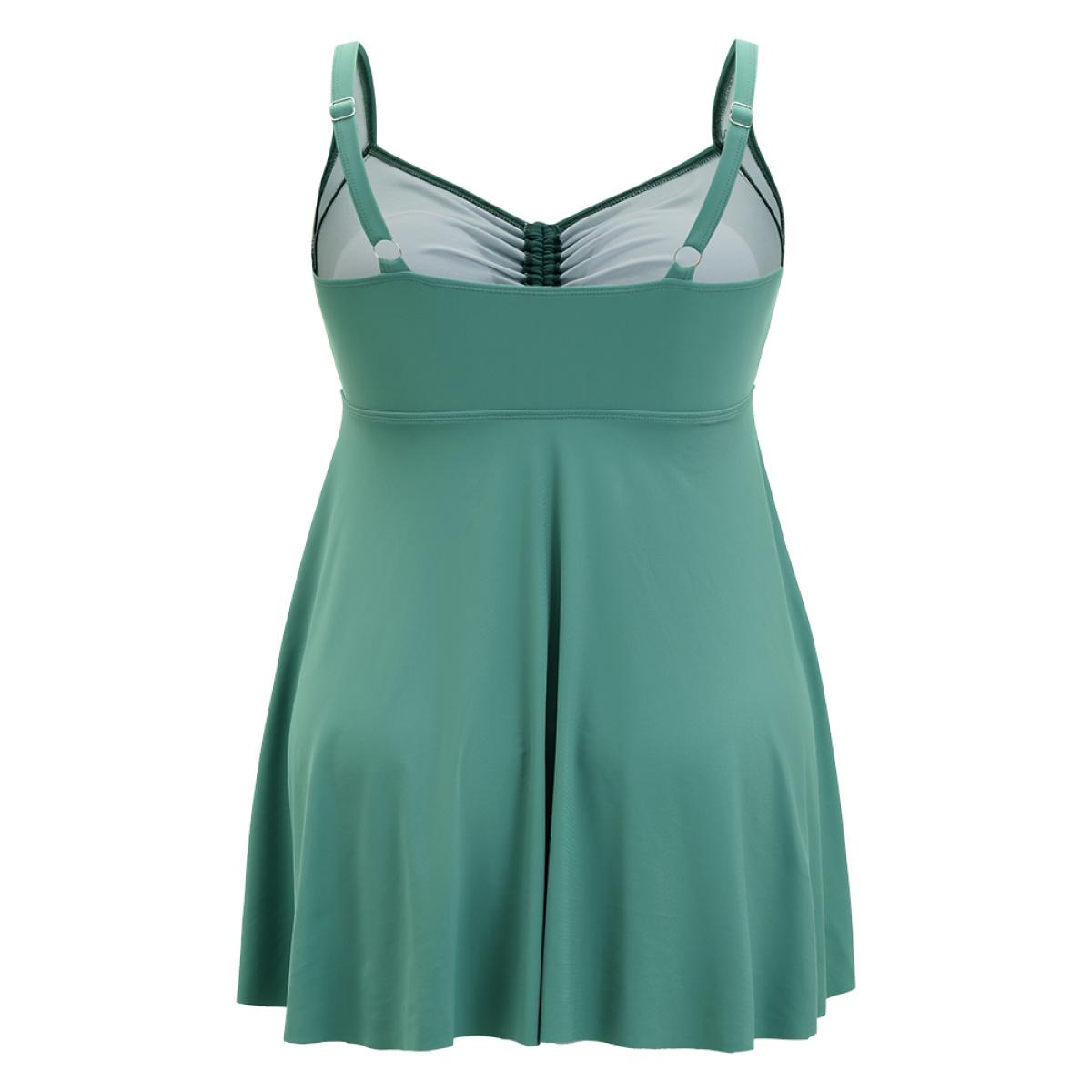 Plus Size Ruched Drawstring Flutter Hem Swim Dress Women's Swimwear Emerald Vacation Bodycon High stretch Curve Swim Dresses BloomChic 30/6X Product Image