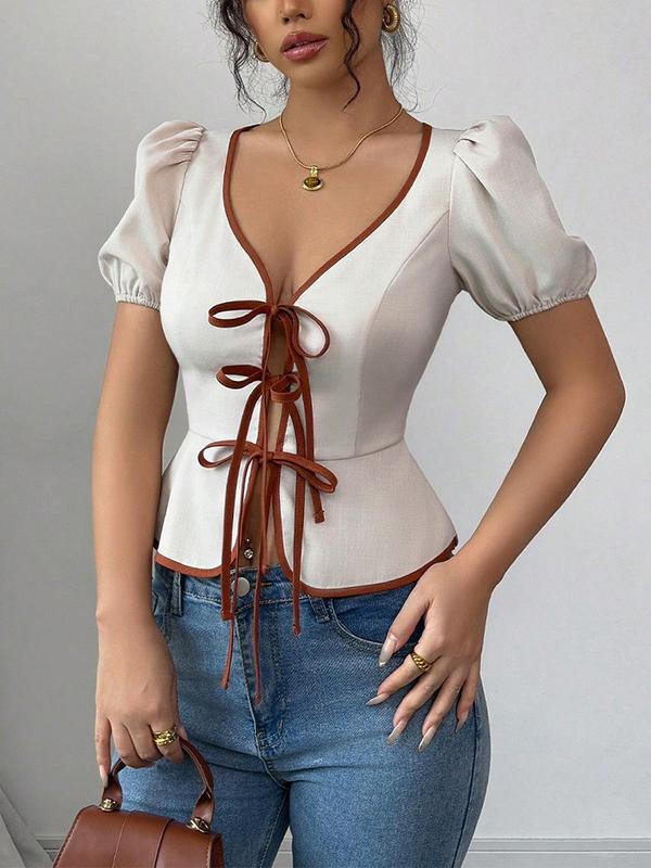 Loose Puff Sleeves Elasticity Pleated Tied V-Neck Blouses&Shirts Tops Product Image