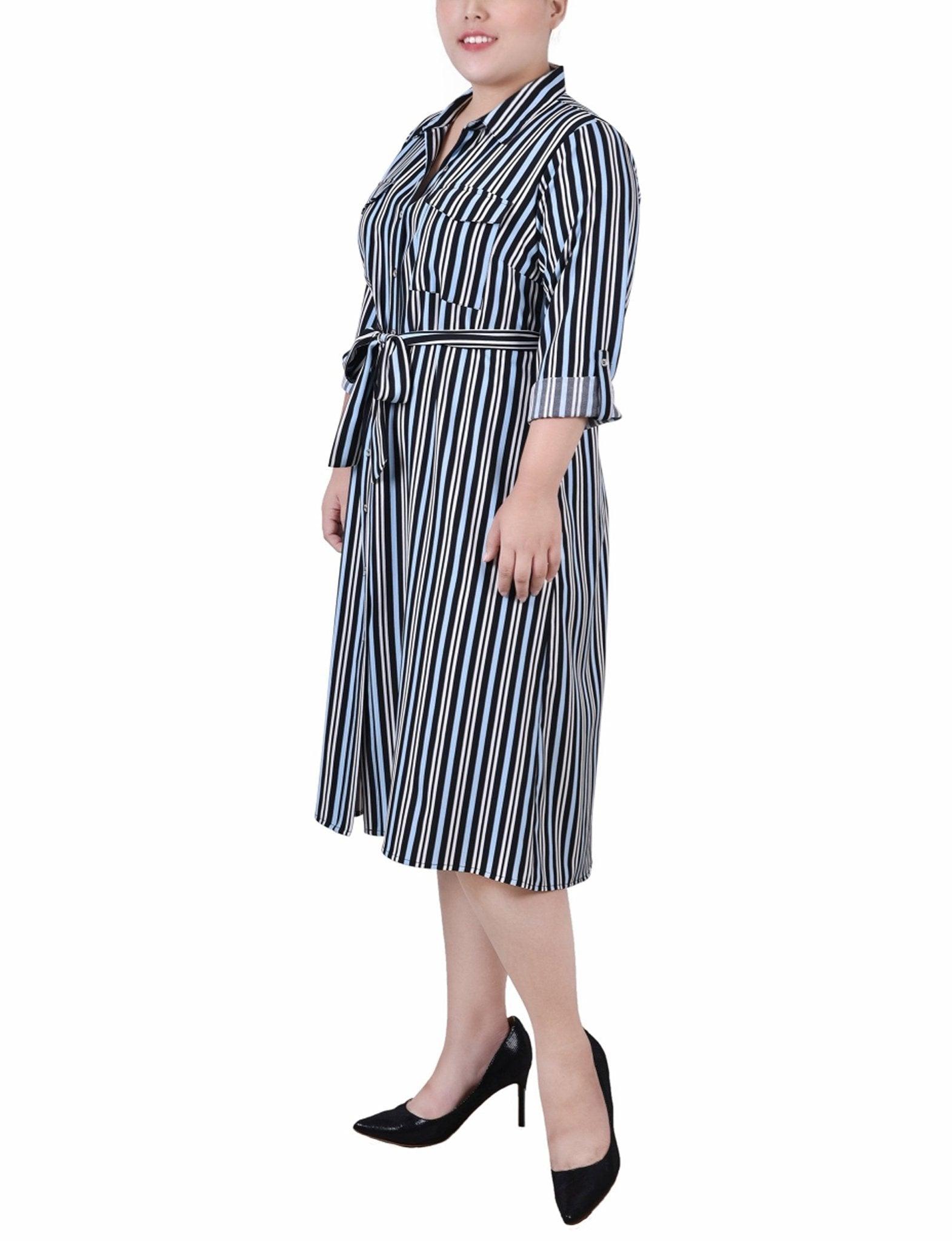 Black Blue Ivory Stripe 3/4 Roll Tab Sleeve Belted Shirtdress - Plus Product Image