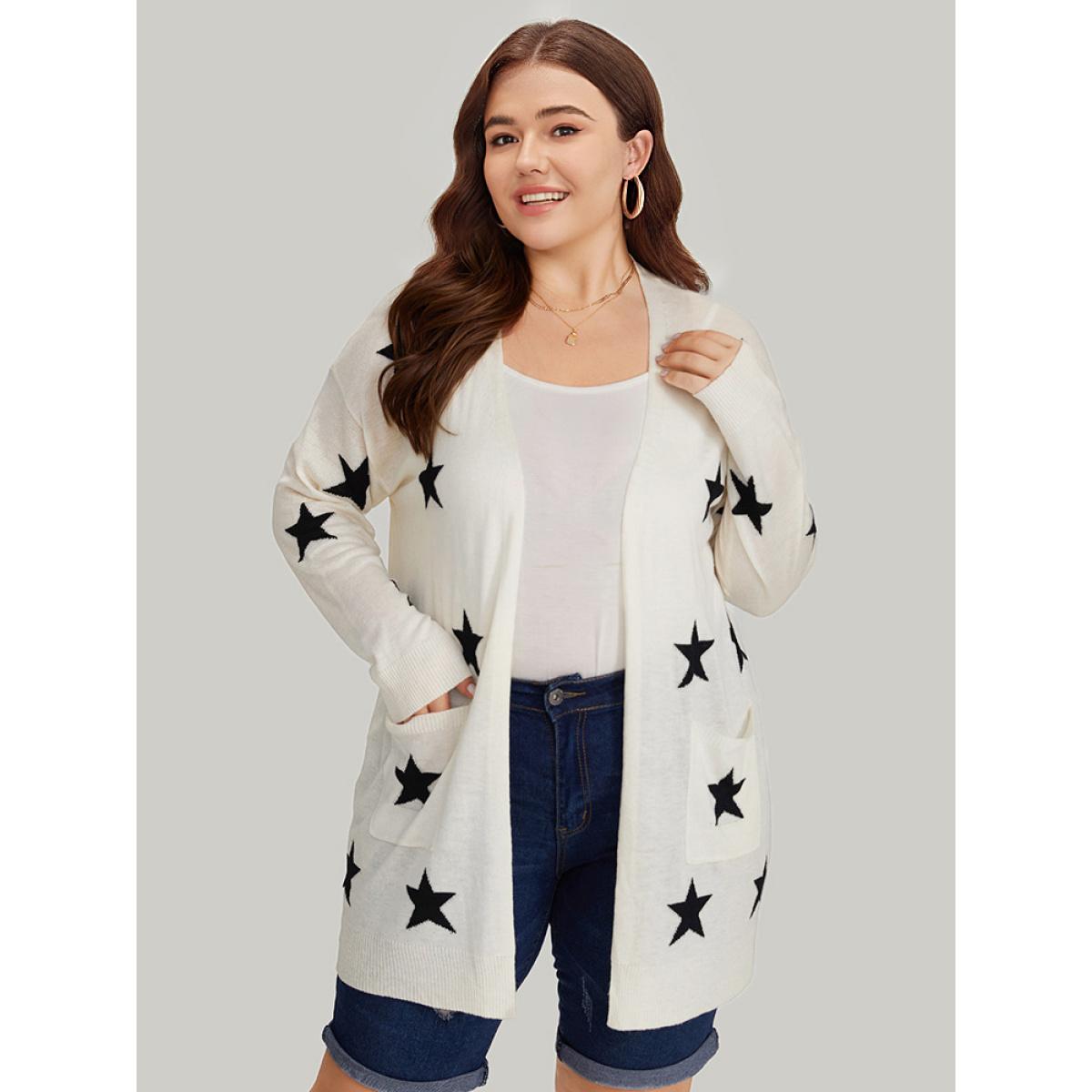 Plus Size Supersoft Essentials Star Print Pocket Open Front Cardigan Beige Women Casual Loose Long Sleeve Dailywear Cardigans BloomChic 22-24/3X Product Image