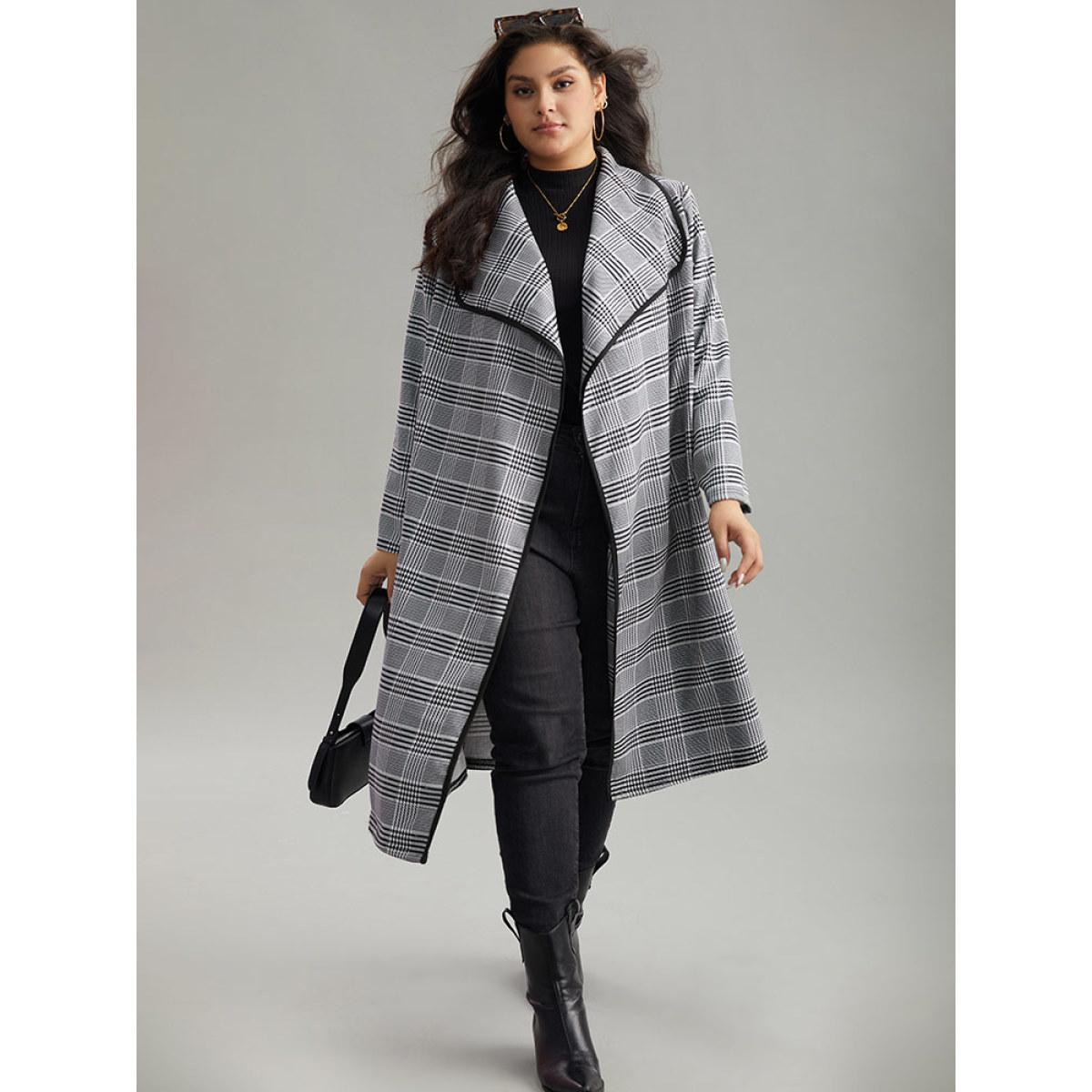 Plus Size Plaid Asymmetrical Neck Open Front Coat Women Black At the Office Contrast Ladies Work Winter Coats BloomChic 22-24/3X Product Image