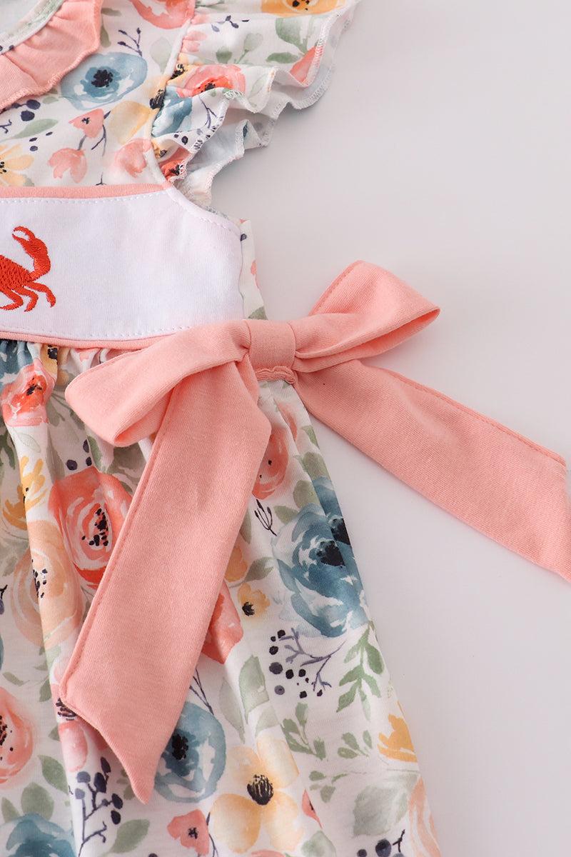 Floral crab embroidery bow ruffle dress Product Image