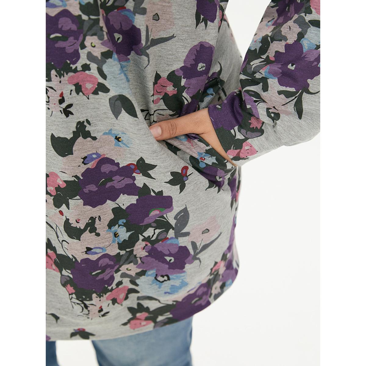 Plus Size Floral Print Pocket Sweatshirt Women DimGray Casual Printed Round Neck Dailywear Sweatshirts BloomChic 10/M Product Image