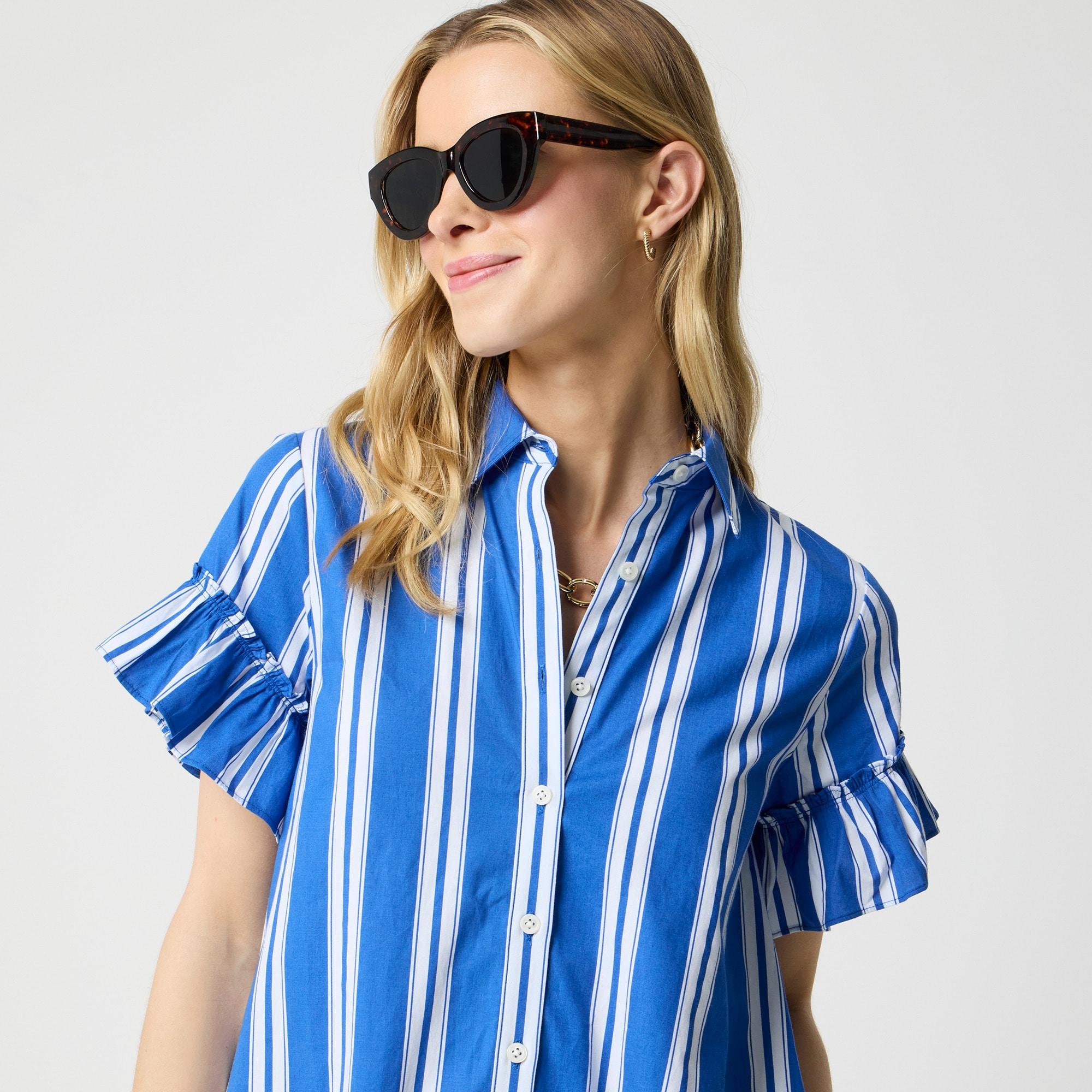 Striped ruffle-sleeve mini shirtdress Product Image