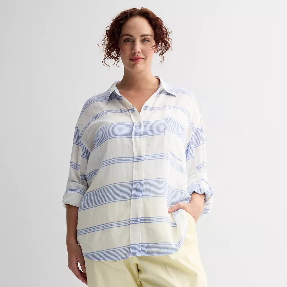 Plus Size Sonoma Goods For Life® Oversized Linen-Blend Boyfriend Shirt, Women's, Size: 2XL, Neutral Blue Stripe Product Image