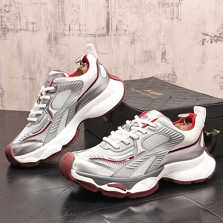 Hidden Wedge Mesh Panel Lace-Up Faux Leather Sneakers Product Image