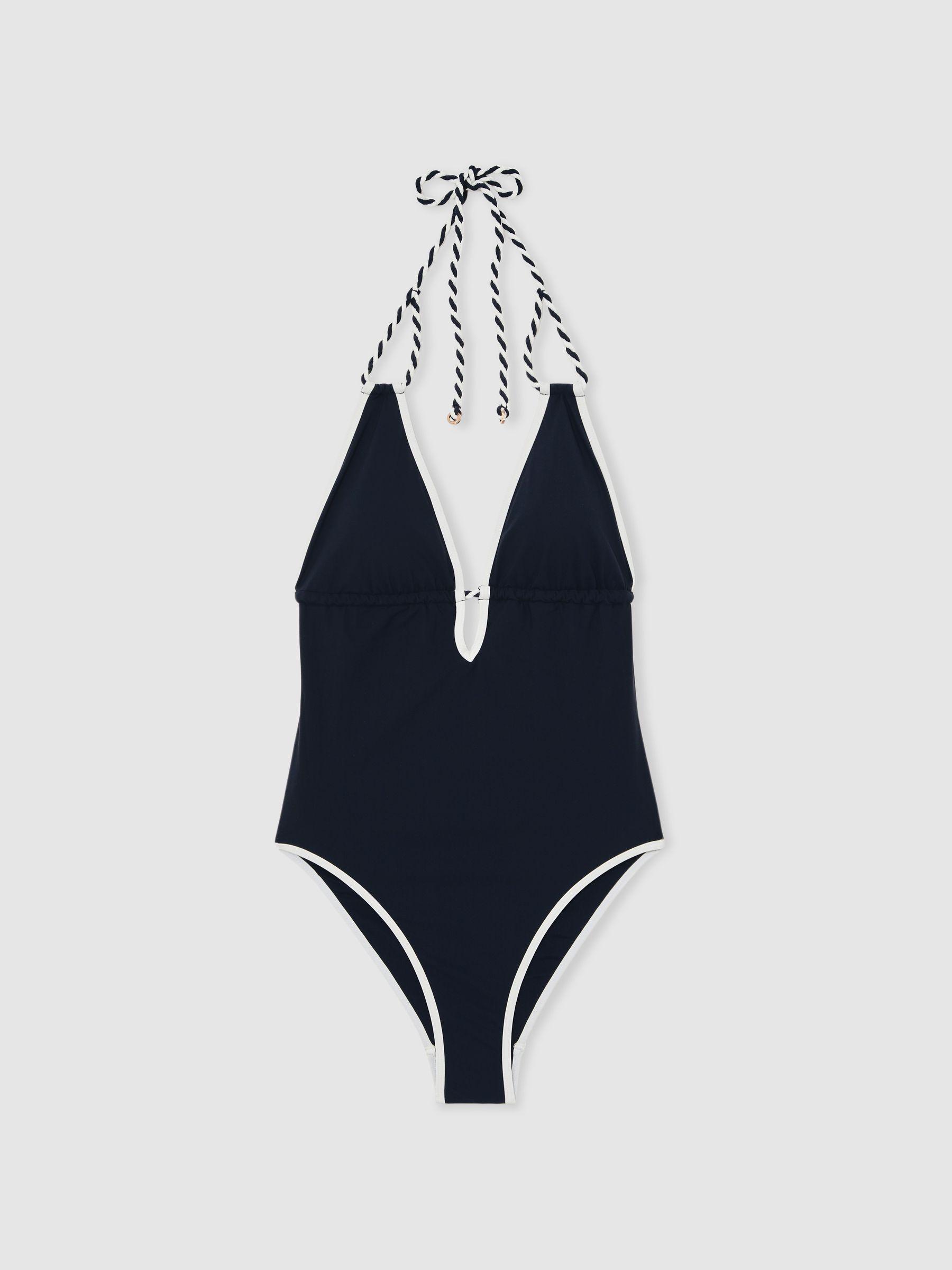Contrast-Trim Plunge-Neck Swimsuit in Navy/White Product Image