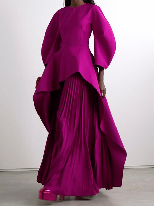 Long Sleeves Loose Pleated Solid Color Split-Joint Tiered Round-Neck Maxi Dresses Product Image