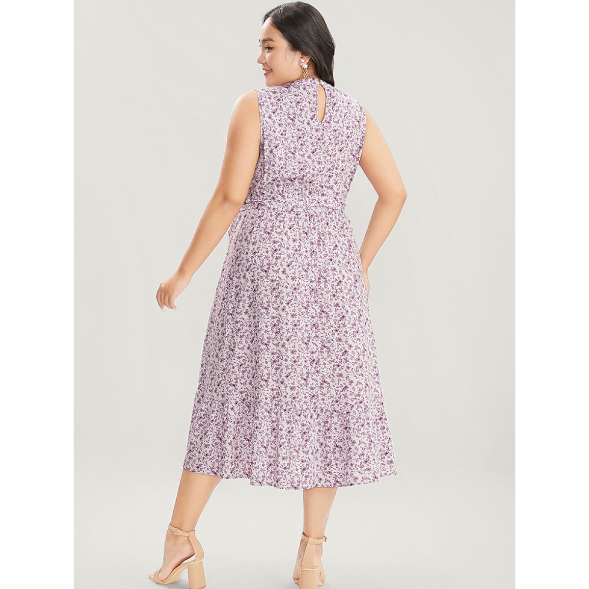 Plus Size Ditsy Floral Keyhole Pocket Belted Mock Neck Ruffles Dress Lavender Women Elegant Pocket Mock Neck Sleeveless Curvy Midi Dress BloomChic 22-24/3X Product Image