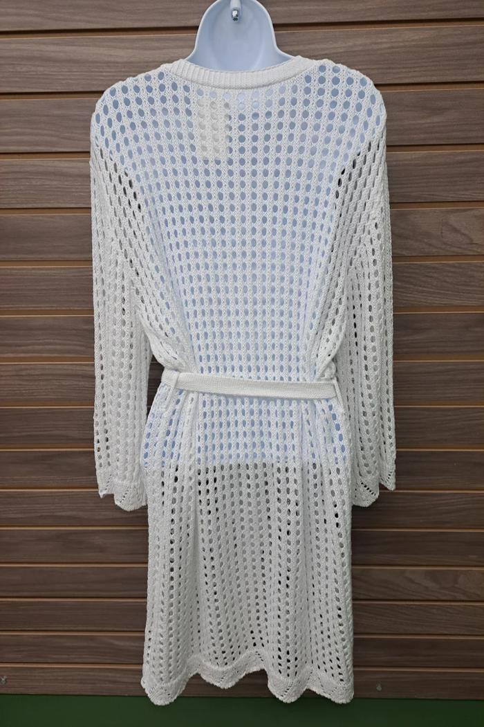 White Crocheted Sweater With Tie Product Image