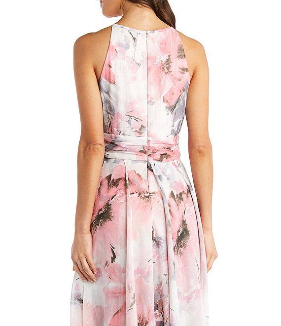 R & M Richards Halter Keyhole Neck Sleeveless Ruched Waist Floral Print Chiffon Gown Product Image