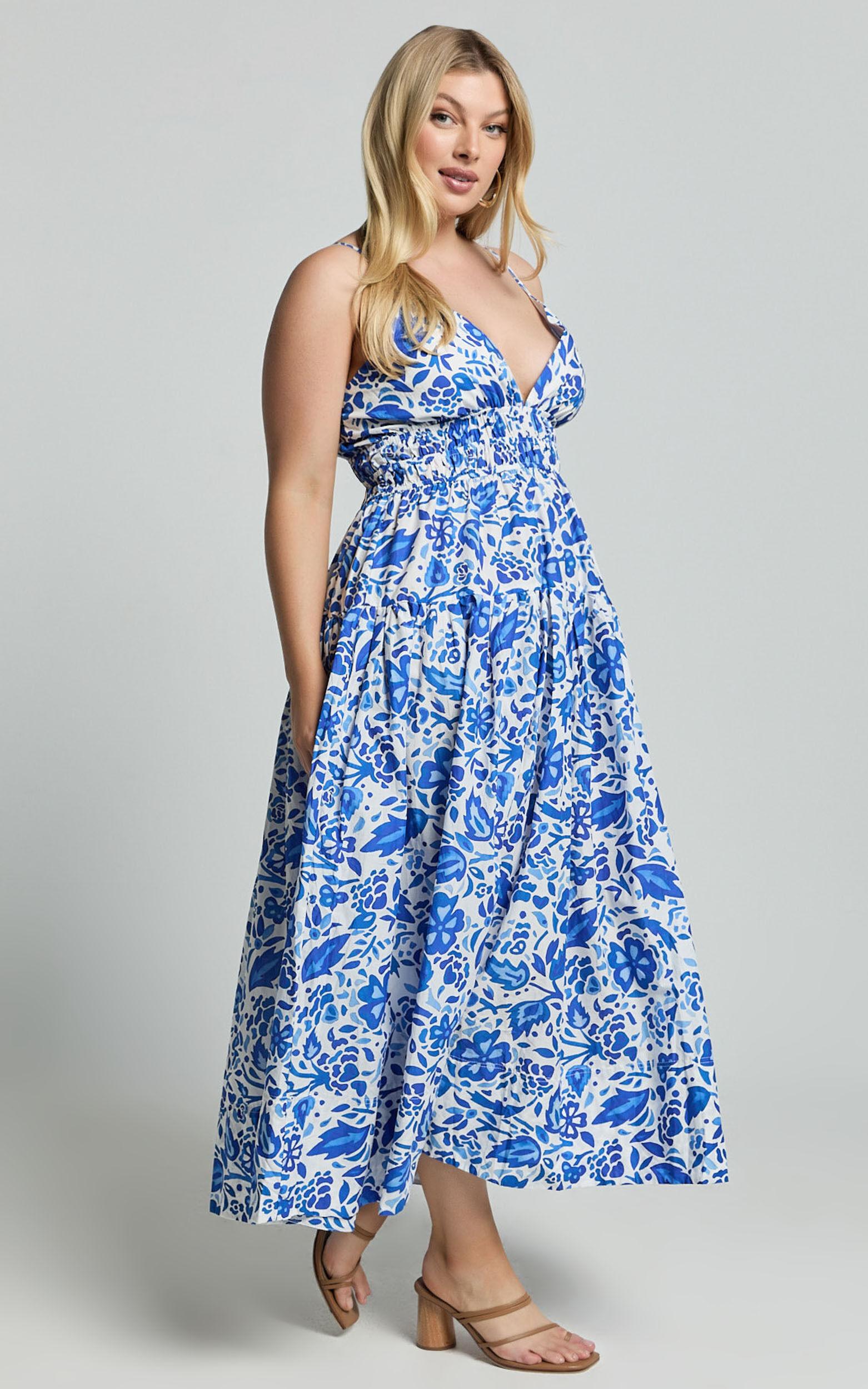 Cheri Midi Dress - Strappy Fit and Flare Tiered Dress in Blue Floral Product Image