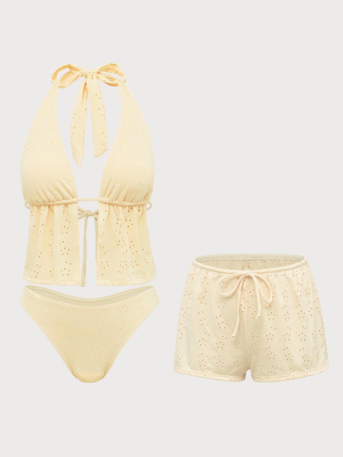 Yellow Hollow Tankini Three-Piece Swimsuit Product Image
