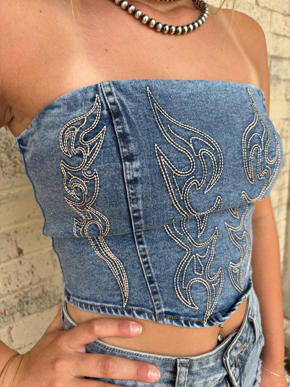 L&B Stone Wash Boot Stitch Embroidered Denim Tie Up Corset Product Image