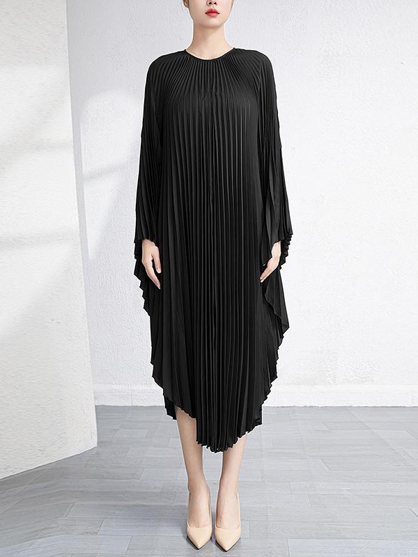 Batwing Sleeves Loose Pleated Solid Color Maxi Dresses Product Image