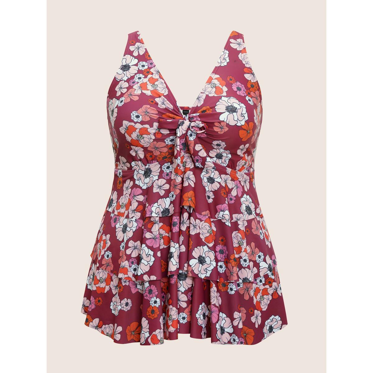 Plus Size Ditsy Floral Bowknot Flutter Layered Hem Swim Top Women's Swimwear RedViolet Beach Non High stretch Bodycon V-neck Curve Swim Tops BloomChic 14-16/1X Product Image