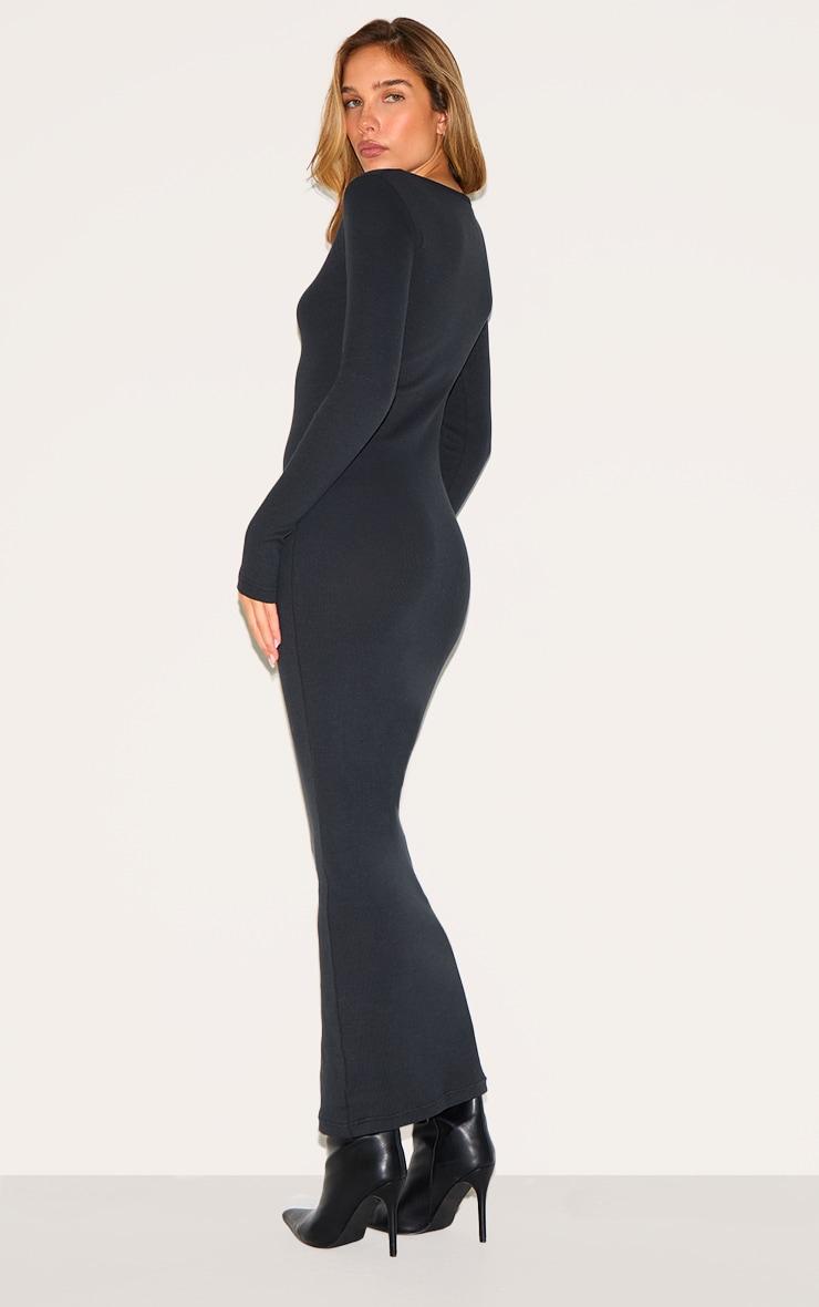 Black Ribbed V Neck Long Sleeve Maxi Dress Product Image