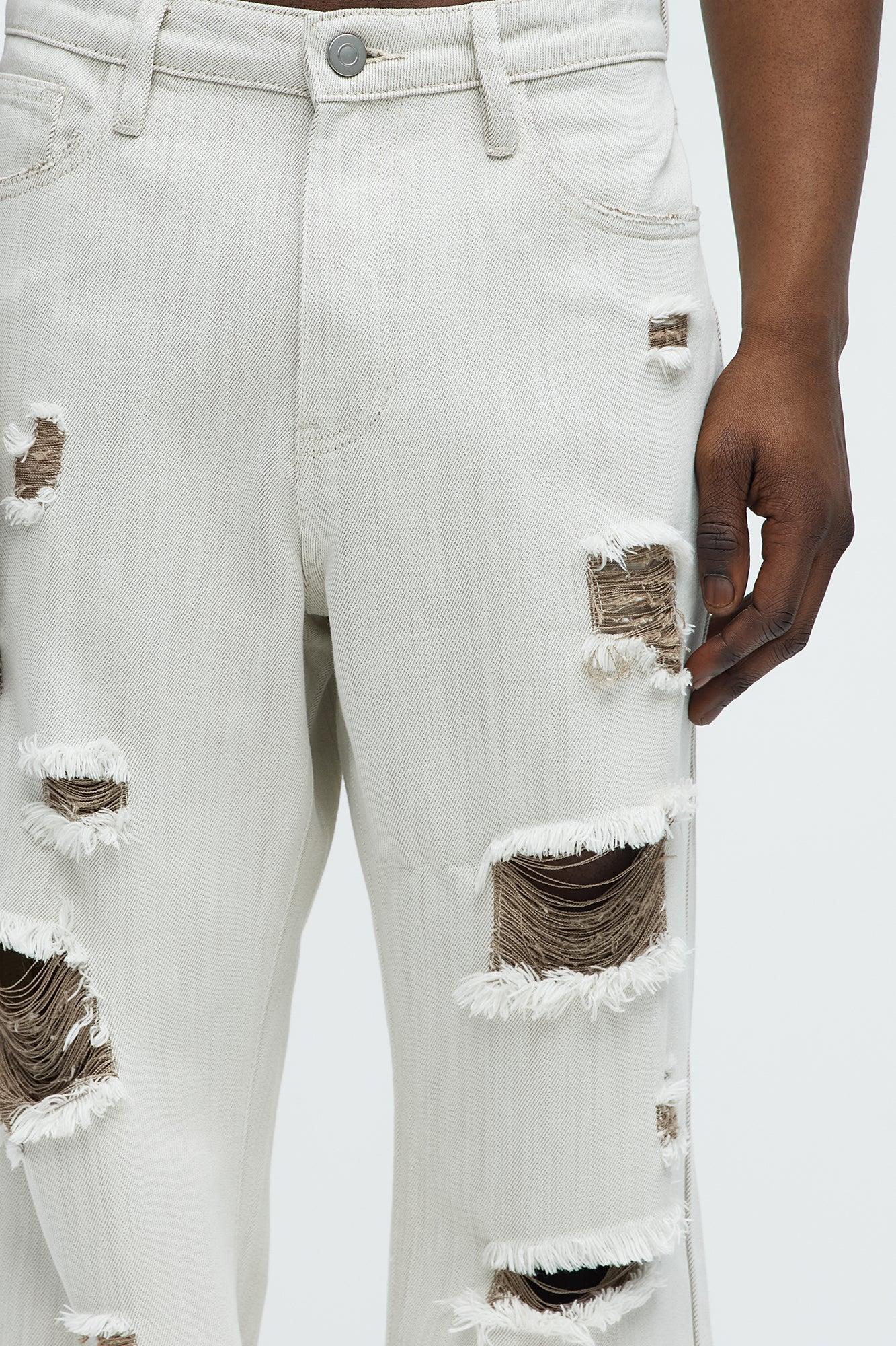 Hector Distressed Straight Jeans - Beige Product Image