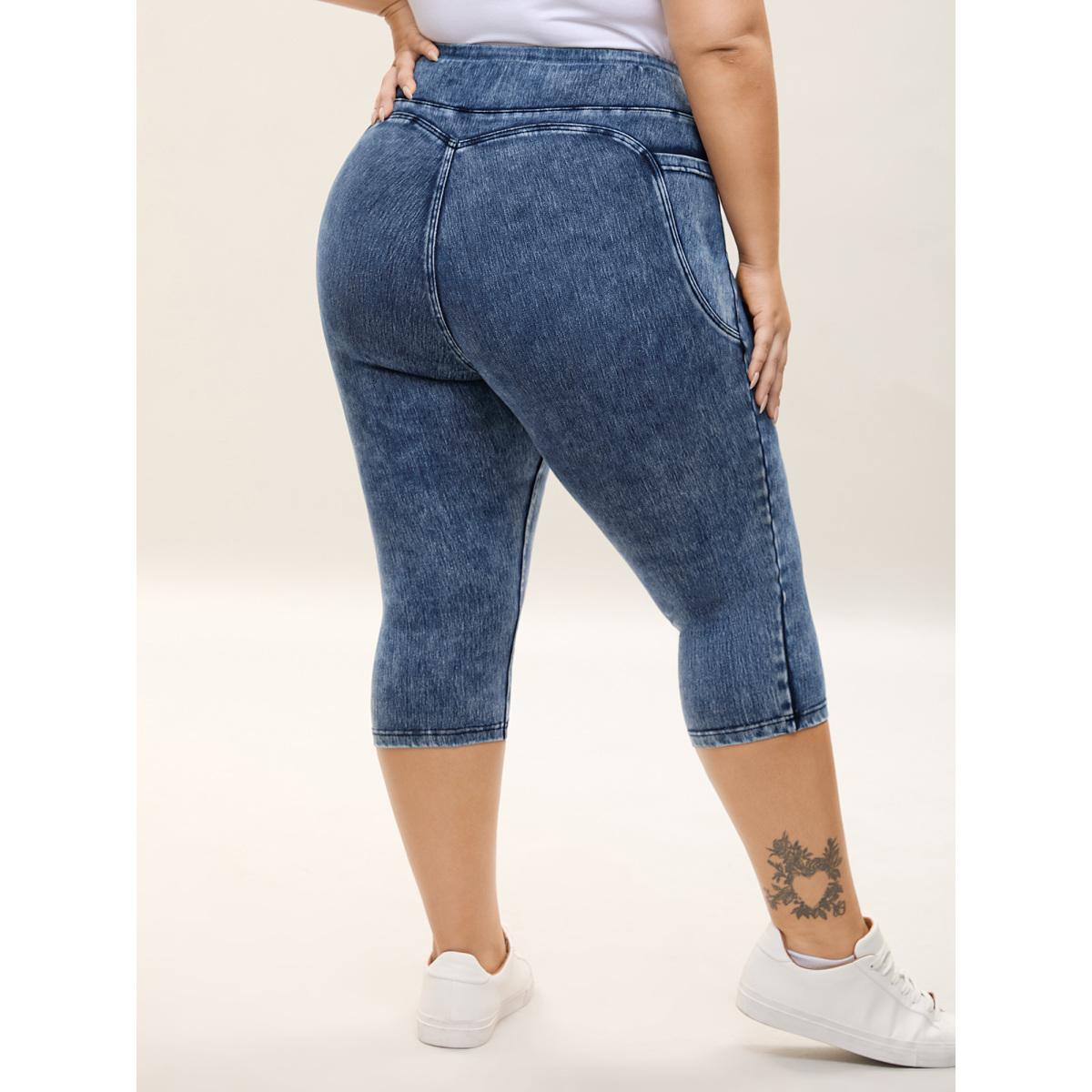 Plus Size Yoga Stretch Skinny Fit Knit Denim Women Midblue Elegant High stretch Slanted pocket Jeans BloomChic 12/L Product Image