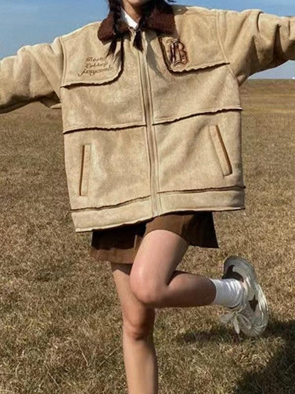 Lambswool Suede Splice Embroidered Zip Up Jacket Product Image