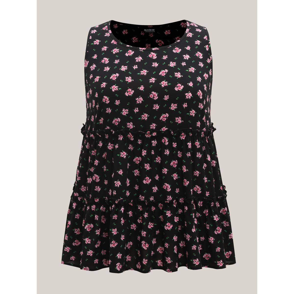 Plus Size Ditsy Floral Print Tiered Tank Top Women Black Timeless Gathered Round Neck Elegant Tank Tops Camis BloomChic 18-20/2X Product Image