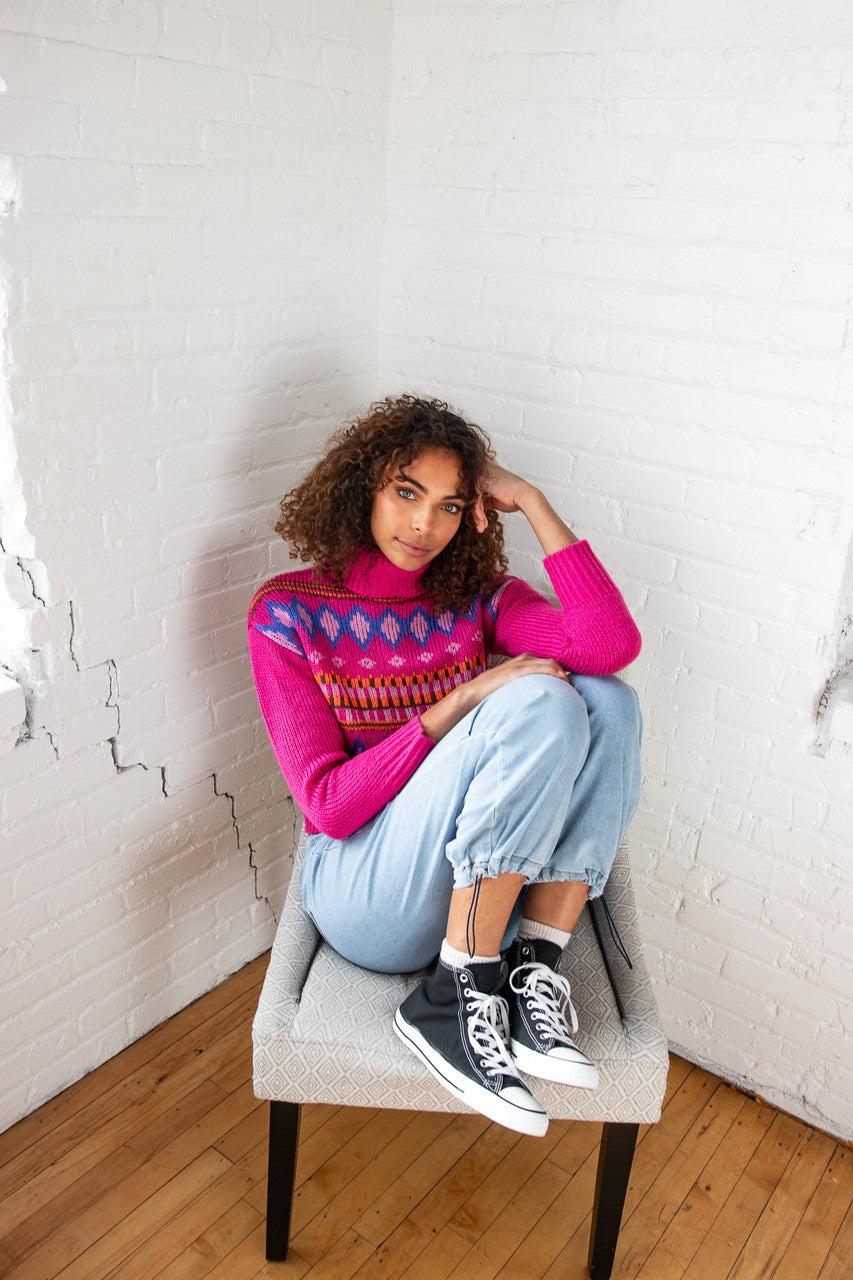 Fuchsia Fair Isle Turtleneck Sweater Product Image