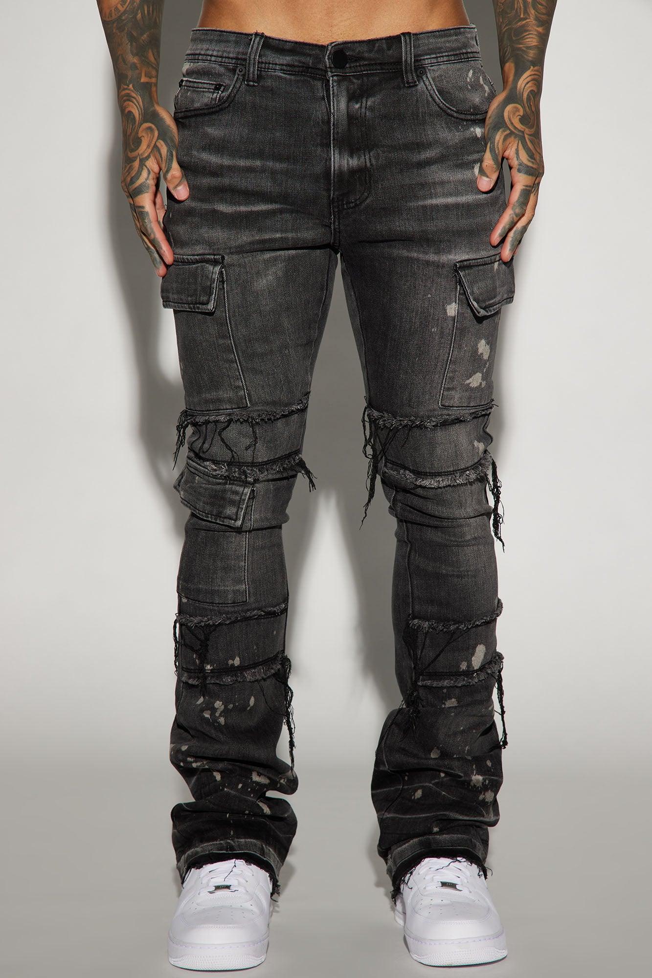 Side Snap Cargo Stacked Skinny Flare Jeans - Black Wash Product Image