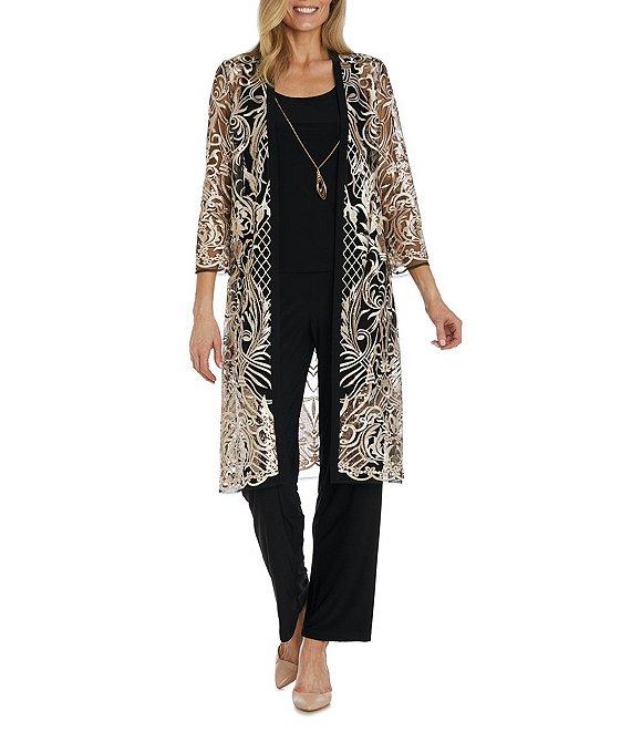 R & M Richards 3/4 Sleeve Round Neck Embellished Sequin Duster Jacket 3-Piece Pant Set Product Image