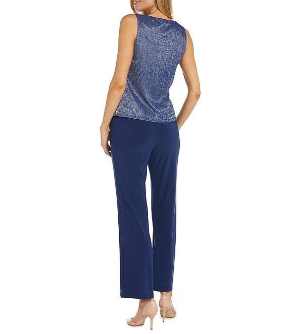 R & M Richards Pleated Crinkle Metallic Scoop Neck 3/4 Sleeve 3-Piece Pant Set Product Image