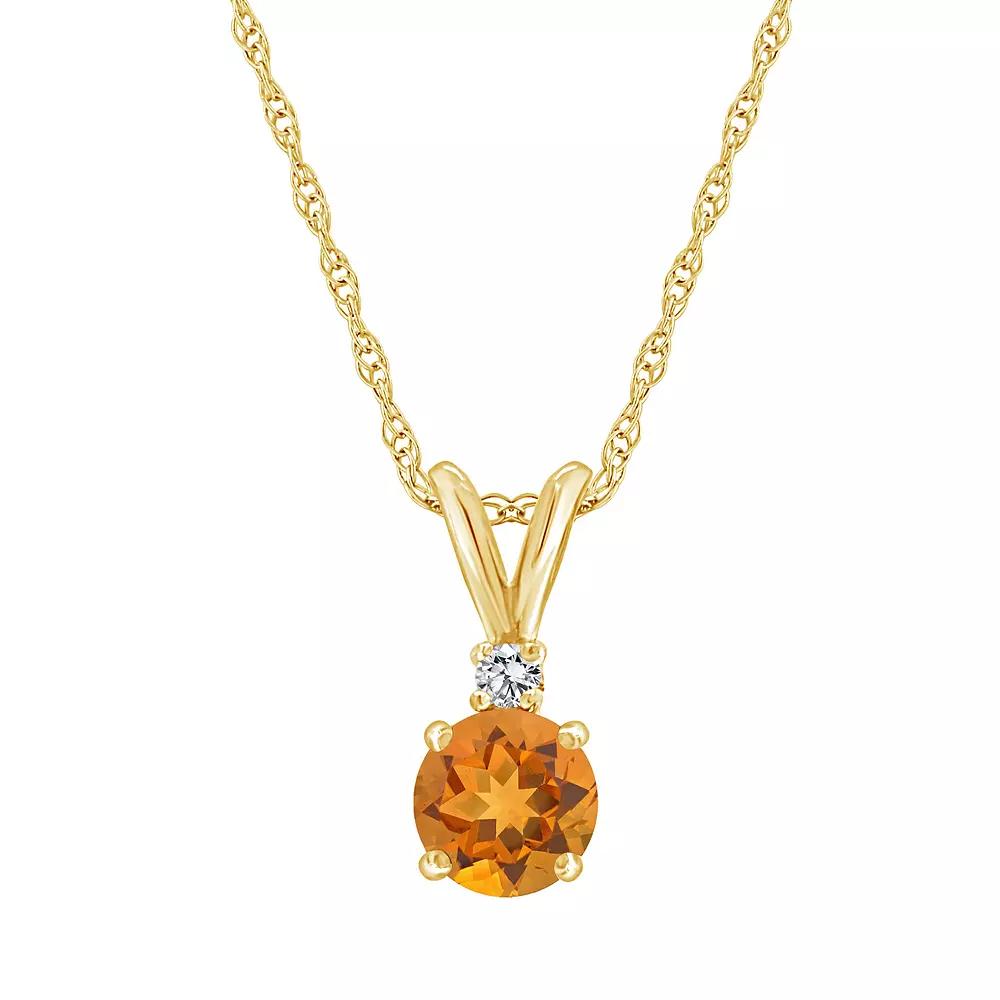 Celebration Gems 14K Yellow Gold 6mm Round Gemstone & Diamond Accent Pendant Necklace, Women's, Size: 18", Citrine Product Image