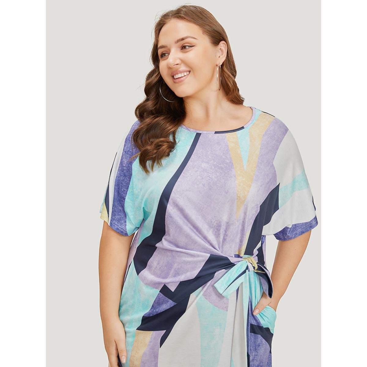 Plus Size Geometric Print Pocket Bowknot Contrast Dress Multicolor Women Casual Contrast Round Neck Short sleeve Curvy Knee Dress BloomChic 28/5X Product Image
