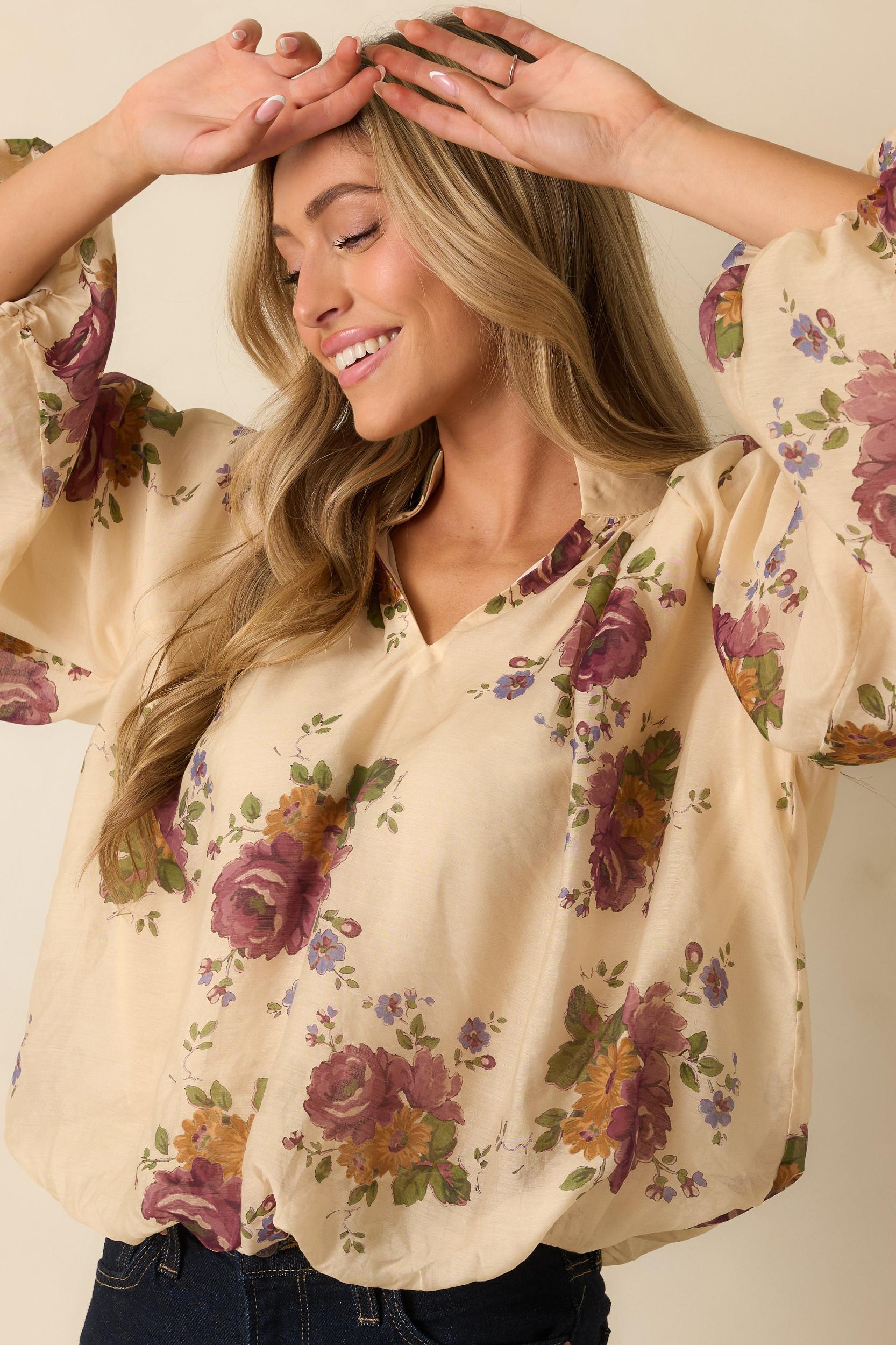Garden Daydream Ivory Multi Floral Peasant Sleeve Blouse L / Ivory Product Image